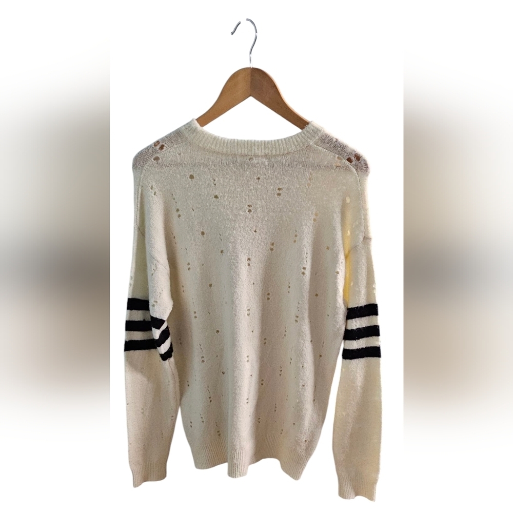 Gilded Intent - Fun Distressed Rugged Cream Sweater with Black Stripes - Picture 3 of 9